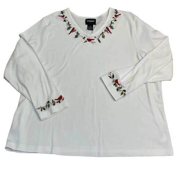 Vintage Cardinal Long Sleeve Top Womens Studio Joy Embroidered Holiday Shirt 1X - Picture 1 of 5